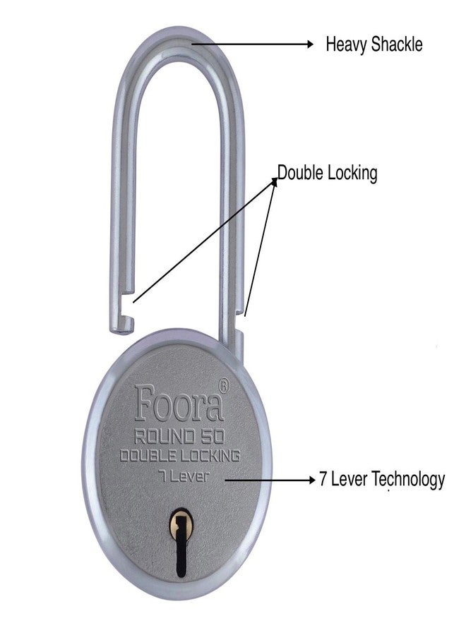 Foora Round 50Mm Keypad Lock | Long Shackle | Home Metal Body | Double Locking | 7 Steel Lever | 10 Silver Keys with Keychain | Silver Finsih | Made in India | Export in USA | Canada - Image 2